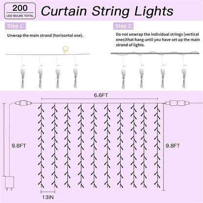 200 LED Multicolor Rainbow Curtain String Lights 9.8x6.6FT, Plug in Fairy Lights with 9 Hooks, Dimmable, Timer 8 Modes, IP44 Waterproof, Bedroom Party Wedding Christmas Indoor Outdoor Decor