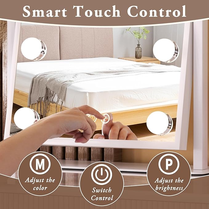 Vanity Mirror with Lights, Lighted Makeup Mirror Hollywood Makeup Mirror with 9 Dimmable Bulbs and 3 Color Lighting Modes, Smart Touch Control, 360°Rotation