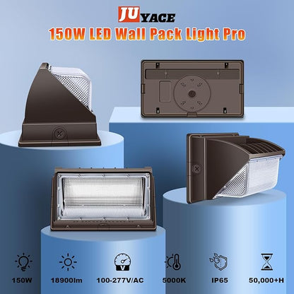 Juyace 150W LED Wall Pack Light with Dusk to Dawn Outdoor Lighting Security Flood Light 5000K 100-277V IP65 Waterproof for Barn Warehouse
