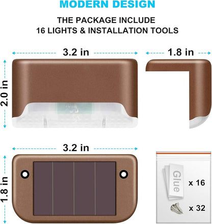 DenicMic 16 Pack Solar Deck Lights Outdoor Waterproof 4000K Warm White LED | Step Fence Patio Yard Stair Railling Pool Side Balcony Front Porch Outside Deck Lighting Decorative 5 Lumen ABS Brown Shell