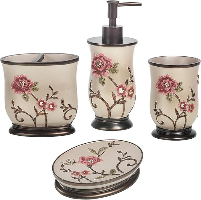 Zahari Home 4pc Larrisa Floral Bathroom Accessories Sets Modern Classic Flower Soap Dispenser, Tumbler, Tooth Brush Holder and Soap Dish Holder Luxury Decor Unique Design Stylish Bathroom Sets