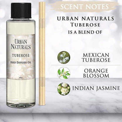 Urban Naturals Tuberose Reed Diffuser Oil Refill + Replacement Reed Sticks ~ A Blend of Exotic Tuberose & Fragrant Orange Blossom 4 oz. | Home Gift Idea. Vegan.