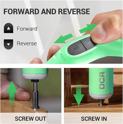 DCA 4V Electric Screwdriver Set, 5 N.m with 2000 mAh Li-ion Battery, 1/4" Magnetic Hex Chuck, USB-C Charging Cable, 18 Driver Bits for Furniture Repairs, Green
