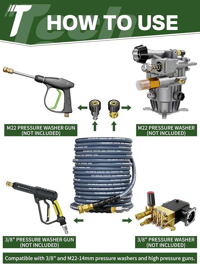 3/8" 4800PSI Pressure Washer Hose 100FT with Swivel Quick Connect for Cold/Hot Water Max 248°F, Kink Resistant Steel Wire Braided, Wear Resistant Power Washer Hose with M22 14mm Adapter