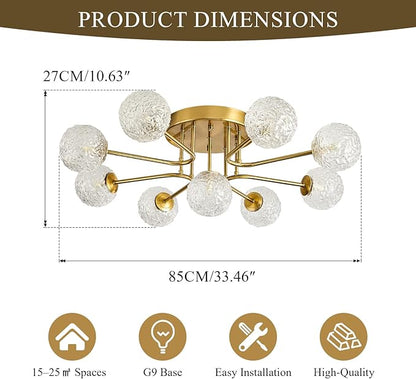 Sputnik Semi Flush Mount Ceiling Light Gold Glass Globe Chandelier Ceiling Lighting Mid Century Modern 9 Lights Bubble Chandelier for Dining Living Room Bedroom