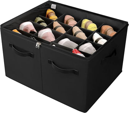 Shoe Organizer for Closet, Foldable Shoe Box with Adjustable Dividers and Clear Cover, Space Saving Shoe Storage Organizer Cabinet with Reinforced Handles, Fits 16 Pairs, Black, TP09B
