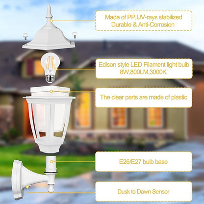 FUDESY Outdoor Wall Light Dusk to Dawn, Porch Sensor Light White Plastic Anti-Corrosion with LED Edison Filament Bulb, Exterior Mount Lantern for House, Garage (2-Pack)