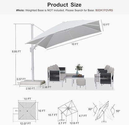 PURPLE LEAF 10 FT Right-left Tilt Patio Umbrella Swivel White Cantilever Umbrella with Tilt Aluminum Outdoor Umbrella with 360° Rotation for Deck Pool Garden, White