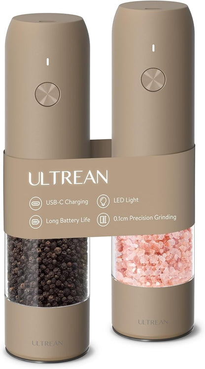 Ultrean Electric Pepper Grinder, Rechargeable Salt and Pepper Grinder with 6 Adjustable Coarseness, LED Light, One-Hand Automatic Operation, Brown