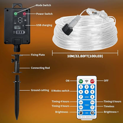 LairtPOW Solar Rope Lights with Remote for Palm Tree,39FT 100LEDs Outdoor Solar Strip Lights for Garden,IP67 Waterproof,USB Charging, Timing & 8 Modes Larger Tube Fairy Light for Christmas(Warm White)