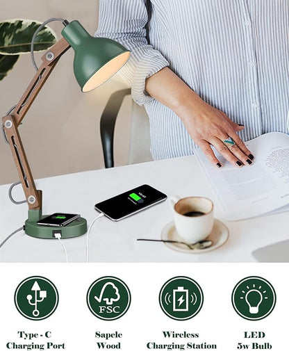ELYONA LED Desk Lamp with Wireless Charger, Sapele Wood Reading Light with USB C Charging Port, Swing Arm Table Lamp for Home Office, College Dorm, Bedroom Living Room, Bulb Included, Vintage Green