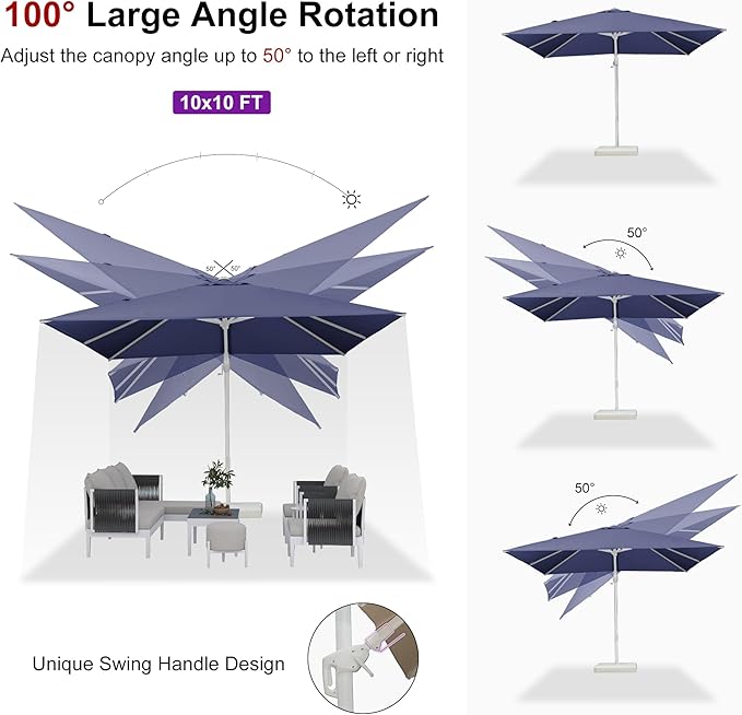 PURPLE LEAF 10 FT Right-left Tilt Patio Umbrella Swivel White Cantilever Umbrella with Tilt Aluminum Outdoor Umbrella with 360° Rotation for Deck Pool Garden, Navy Blue