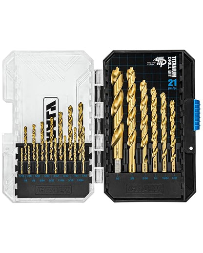 CRALY 21-Piece Cobalt Drill Bit Set, M35 HSS Titanium Coated Jobber Length Twist Drill Bits, Dash Tip & 135 Degree Split Point, 3-Flat Shank, for Hard Metal, Stainless Steel, Cast Iron, Plastic