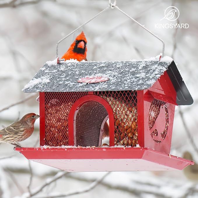 Kingsyard Metal Bird Feeders for Outdoors Hanging, Wild Bird Feeder with Seed Tray and Weatherproof Roof, 3 lbs Seed Capacity, Red