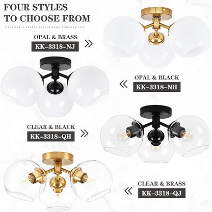 KoKo&Yukina 3-Light Mid Century Modern Gold Semi Flush Mount Ceiling Light Globe Sputnik Chandelier Fixture Clear Glass Globe Ceiling Lights for Bedroom Living Room Hallway Entryway Foyer