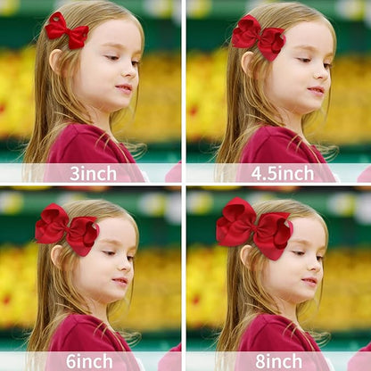 Oaoleer 8PCS Hair Bows for Girls Red Grosgrain Ribbon Boutique Bow Alligator Clips Hair Accessories for Toddlers Little Girls Kids (8inch, 6inch, 4.5inch, 3inch in Pair)