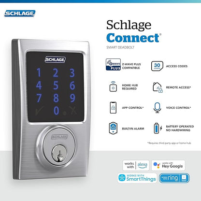 Schlage Connect Smart Deadbolt Lock with Touchscreen Keypad, Keyless Front Door Entry, Z-Wave Plus Compatible, Satin Chrome, BE469ZP CEN 626