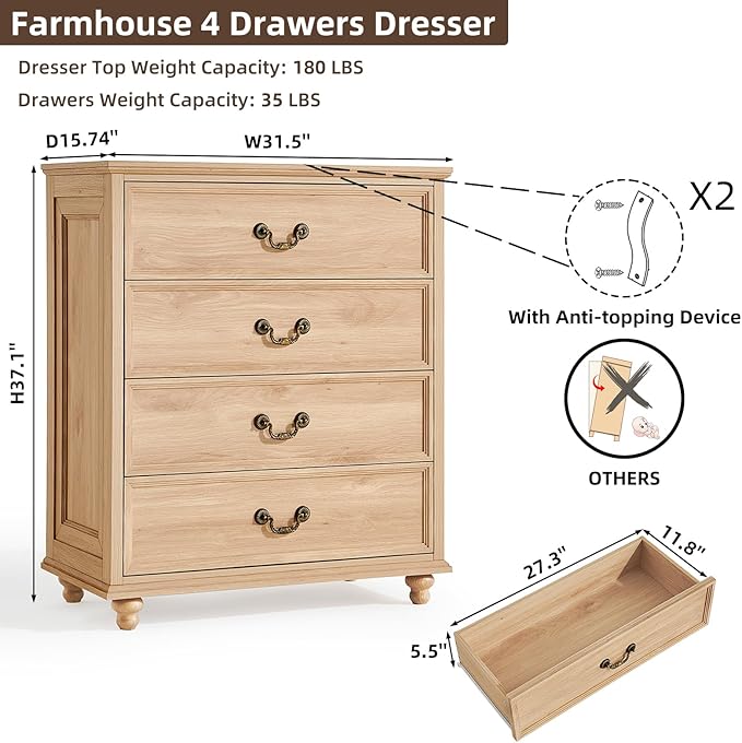 Farmhouse 4 Drawer Dresser for Bedroom, 37" Tall Rustic Chests of Drawers w/ 4 Solid Wood Feet, Mid Century Modern Wooden Closet Storage Dressers Organizer for Living Room, Hallway,Natural