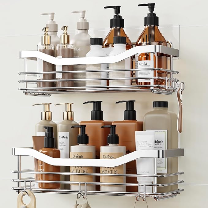 Orimade Shower Caddy Basket Shelf Storage Rack Pack of 2, No Drilling Wall Mounted Adhesive Rust Proof Stainless Steel Shower Organizer with 5 Hooks for Bathroom, Toilet, Kitchen