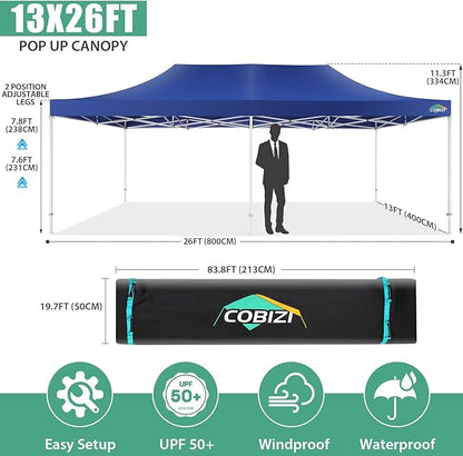 COBIZI 13x26 Heavy Duty Pop Up Canopy Tent with Sidewalls Large Event Tent Wedding Party Tent Ez Up Canopy Windproof UPF 50+ in Garden Backyard Lawn for All Seasons (More Space, More Uses)