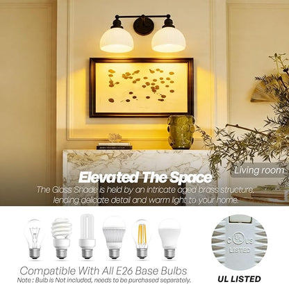 2-Light Wall Sconces,Black Double Bathroom Vanity Light with Milk Glass Minimalist Farmhouse Wall Sconce Light Lamp for Bathroom Mirror Living Room Bedroom Kitchen E26 Hardwire Indoor