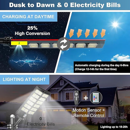9000W Solar Street Lights Outdoor Dusk to Dawn, 240000LM 7000K IP67 Waterproof Motion Sensor Parking Lot Lights for Garden Pathway, High Efficiency LED Solar Street Lights