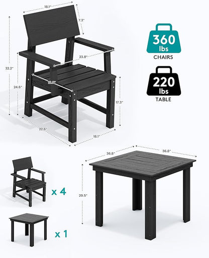 SERWALL HDPE Outdoor Dining Set, Square Table and Chairs Set All Weather Patio Dining Set, 5-Piece Patio Dining Furniture for Deck, Garden, Backyard, Black