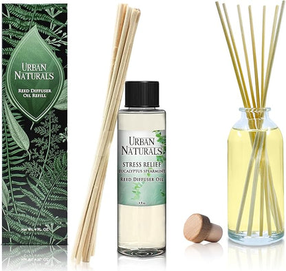 Urban Naturals Stress Relief Eucalyptus Spearmint Reed Diffuser Oil Refill | Fill Your own DIY Diffuser Bottle! Includes Replacement Reed Sticks, 4 oz (2 Pack)