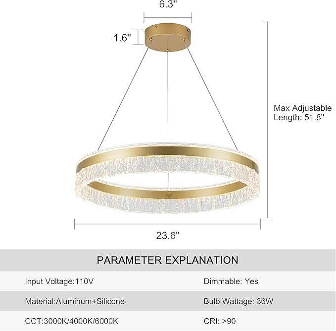 MADEM Modern Gold Led Pendant Light,36W Dimmable LED Chandelier Lighting Fixture, 1 Ring Circular Hanging Led Pendant Lighting for Living Room Dining Room Kitchen Island Foyer Office