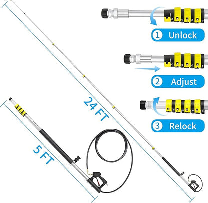 24FT Telescoping Pressure Washer Extension Wand, Aluminum Power Washer Extension Wand, Solar Panel Cleaner Pole with Brush Head, 7 Nozzle Tips, 3 Adapters, Support Belt