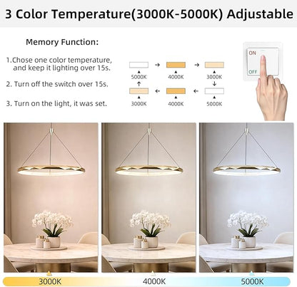 HEYAN Modern Gold Ring Chandelier, 16-Inch Faceted Geometric LED Pendant Light, Dimmable 3-Color Changeable Island Lighting, 25W Luxury Acrylic Crystal-Effect Ceiling Fixture for Dining Room & Kitchen