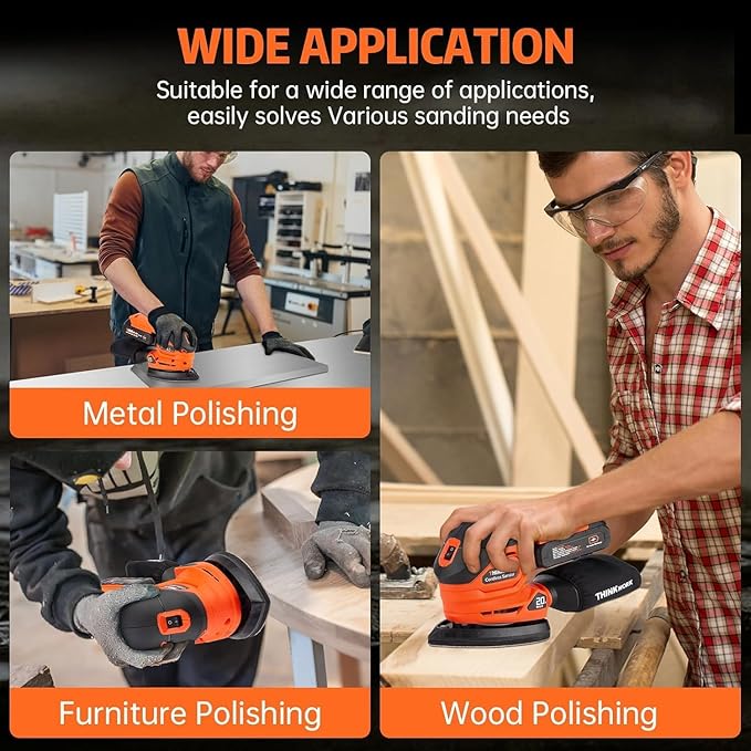 THINKWORK Cordless Detail Sander - 20V/2.0 Ah Battery Sander, 12000 RPM Electric Palm Sander with Dust Collection System for Sanding Tight Spaces on Wood Surfaces, Included 21 Sandpapers