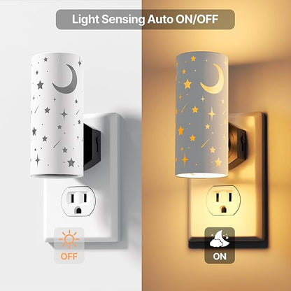 LED Night Lights Plug into Wall, 2-Pack 3000K Bright Plug in Nightlights, Dusk-to-Dawn Sensor, Dimmable 0-100LM, Auto-On/Off, Home Decor for Bedroom, Bathroom, Hallway, Kitchen, White Stars