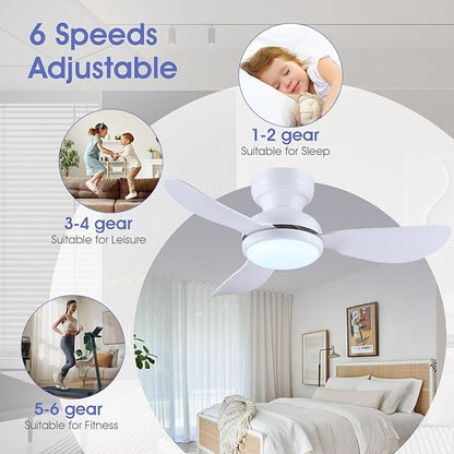36 Inch Ceiling Fans with Lights, Small Flush Mount Ceiling Fan, Remote/APP Control, 3 Reversible Curved Blades, 6 Speeds, 3 CCT Dimmable Lights for Bedroom, White