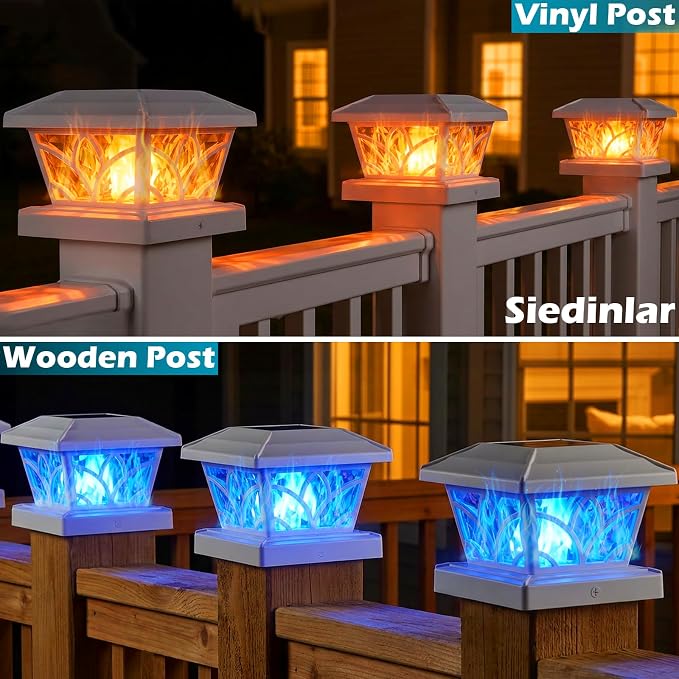 SIEDiNLAR Flickering Flame Solar Post Cap Lights 4 Modes 4 Pack, Upgrade Model for 4x4 5x5 6x6 Vinyl/Wood Posts, Waterproof Outdoor Fence Deck Patio Decor, Warm White & Blue Light (White)