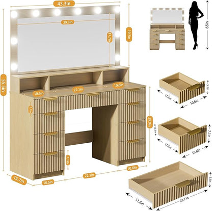 Fluted Vanity Desk with Mirror and Lights, Modern Make up Vanity Dressing Table with 9 Drawers & Large Mirror, Large Vanity Desk with Charging Station for Girls, Women, Bedroom, Natural Oak