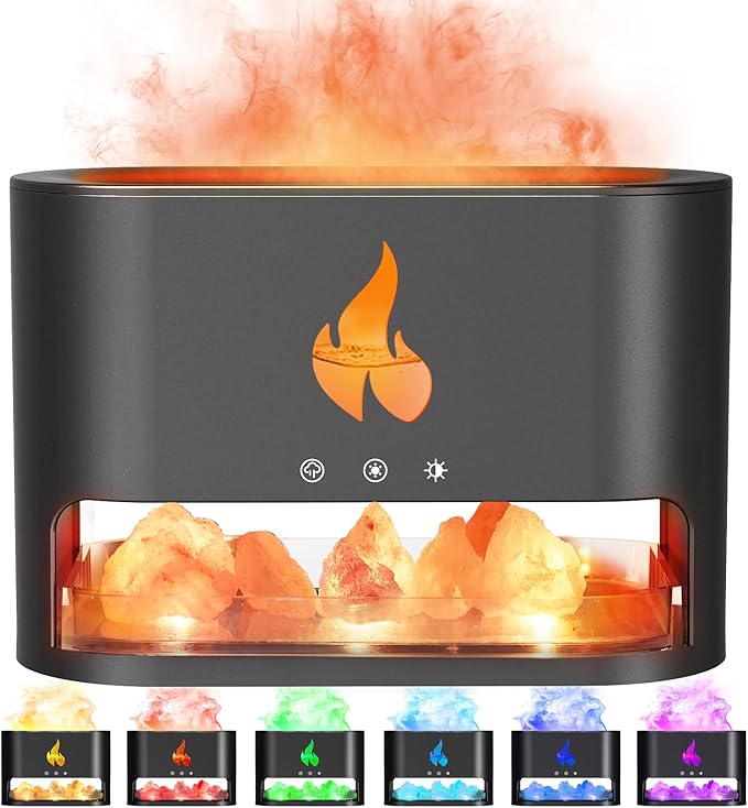 Essential Oil Diffuser, Fireplace Flame Fire Oil Diffuser, 250ml Himalayan Salt Lamp Diffuser, Cool Mist Aromatherapy Humidifier with 7 Colors Light, Timer & Auto-Off for Home, Room (Black)