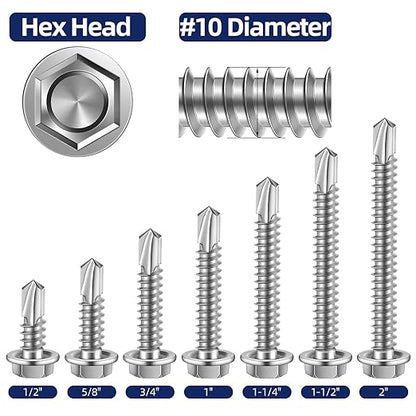 MewuDecor #10 x 1 (1/4" to 3" Available) Hex Washer Head Self Drilling Sheet Metal Screws with Drill Point, Stainless Steel 410, 100 PCS