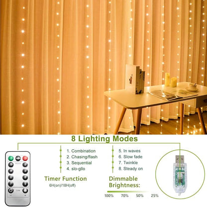300 LED Curtain String Lights, Fairy String Lights with 8 Light Modes & Remote Controlled, 9.8x9.8ft Indoor Outdoor String Lights for Christmas, Weddings, Party, Bedroom, Wall, Window (Warm white)