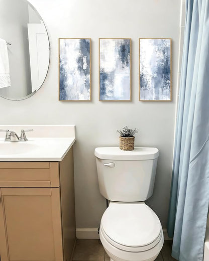 KUVIOKE Abstract Wall Art Blue Gray White Minimalist Painting Modern Decor Bedroom Living Room Ready to Hang 8x16in3pcs Natural Framed