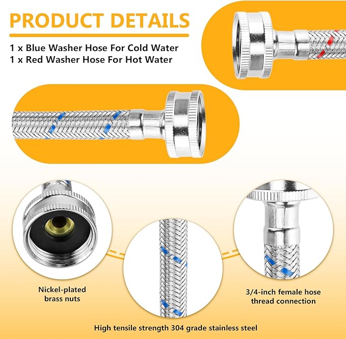 Cenipar 15FT LONG Washing Machine Hoses Straight Stainless Steel Burst Proof 2 Pack - Hot and Cold Water Supply Hoses with 3/4'' Standard NPT Connector Fit for ALL Washing Machine
