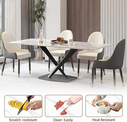 Modern Rectangle Marble Dining Table for 6,71" White Marble Sintered Stone Top Dining Table,Rectangle Dining Room Table with X-Shape Carbon Steel Pedestal for Kitchen/Living Room(Table Only)