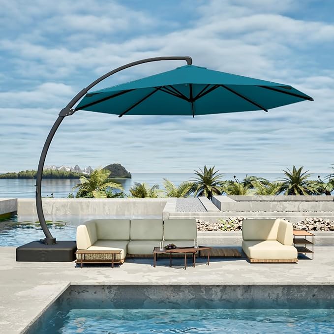 12FT Cantilever Umbrella with Base Large Curvy Outdoor Aluminum Offset Umbrella w/ 360° Rotation, UV Resistant Canopy for Patio, Garden, Backyard, Lake Blue