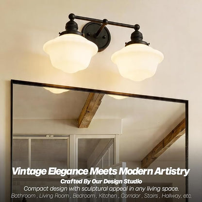 Vintage 2-Lights Wall Sconce Lights Black Bathroom Vanity Light with Milk Glass Double Sconce Wall Mounted Lamp for Bedroom Living Room Bathroom Mirror Kitchen Hallway Hardwire