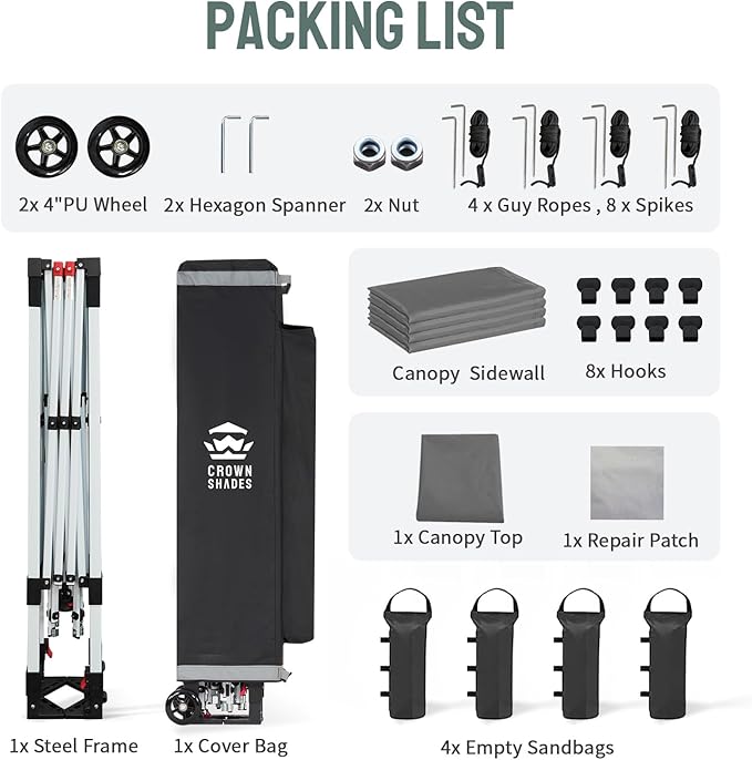 CROWN SHADES Pop Up Canopy Tent, 8x8 Commercial Canopy Tent with 4 Sidewalls, 4" Wheels, 4 Upgraded Weights, Patented Centerlock, 400D Fabric, Sto'N Go Bag, Gray