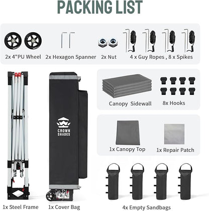 CROWN SHADES Pop Up Canopy Tent, 8x8 Commercial Canopy Tent with 4 Sidewalls, 4" Wheels, 4 Upgraded Weights, Patented Centerlock, 400D Fabric, Sto'N Go Bag, Gray