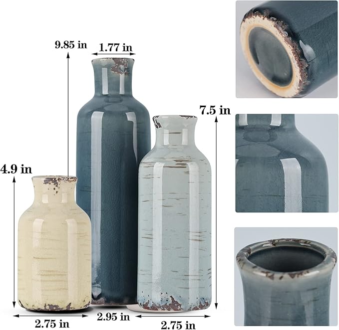 Multicolor Ceramic Vase Set of 3 - Coastal Rustic Farmhouse Decor Flower Vases for Shelf, Dining Room Table, Fireplace Mantel, Living Room, Coffee Table, Tabletop, Kitchen Cabinet, Entryway Decoration