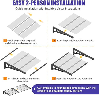 Door Awning Window Canopy, Modular Spliced Awnings for Outside,Porch,Patio,Deck,Polycarbonate Sheet,UV, Rain, and Snow Protection (Black Bracket & Transparent Board, 35 * 48'')