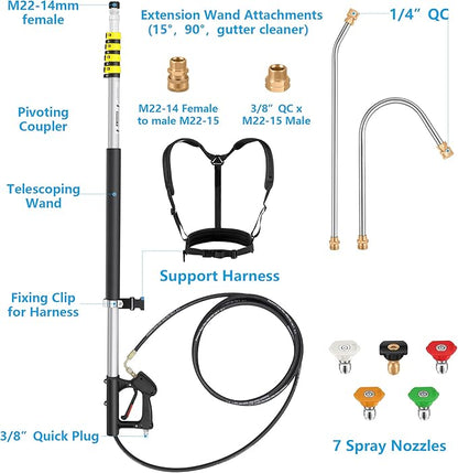 24 FT Telescoping Pressure Washer Wand Extension, Aluminum Power Washer Extension Wand with Brush Head, 5 Nozzle Tips, 2 Adapters, Support Belt, Gutter Cleaning Tools from The Ground
