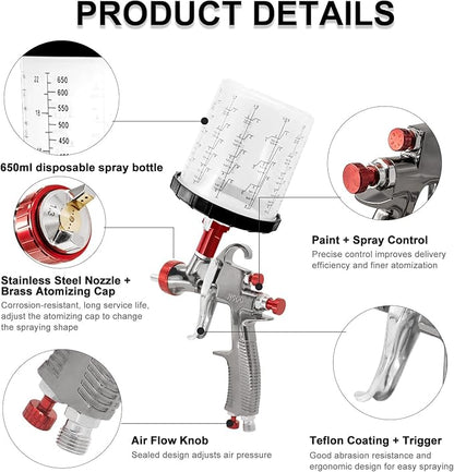 R500 LVLP Air Spray Gun with 10pcs 650ml Disposable Cups 1.3/1.5/1.7/2.0mm Nozzles, Automotive Paint Guns R500 Paint Gun Sprayer for House Painting, Car, Furniture